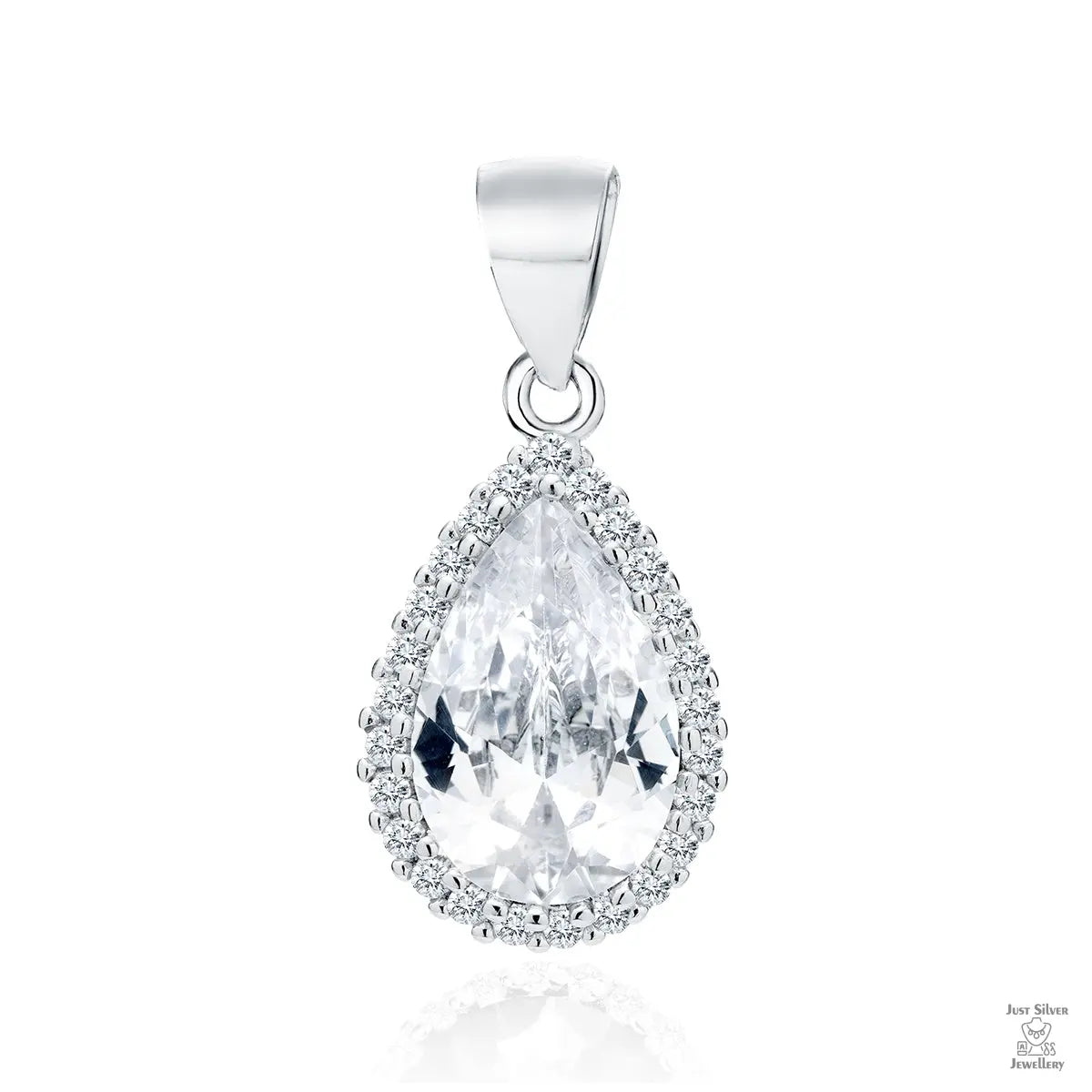 A silver pendant with a pear cut white zirconia centerpiece and a circle of smaller white zirconia gems around it.