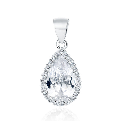 A silver pendant with a pear cut white zirconia centerpiece and a circle of smaller white zirconia gems around it.