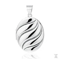 A silver locket with a swirl pattern, designed in an oval shape with a loop at the top for attachment.