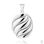 A silver locket with a swirl pattern, designed in an oval shape with a loop at the top for attachment.