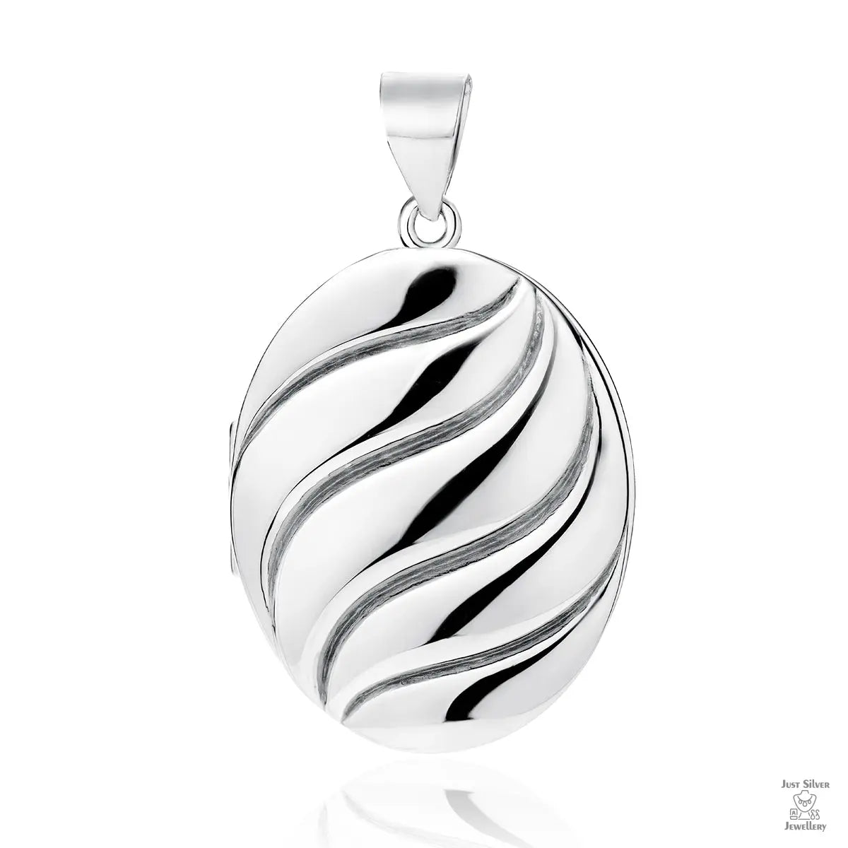 A silver locket with a swirl pattern, designed in an oval shape with a loop at the top for attachment.