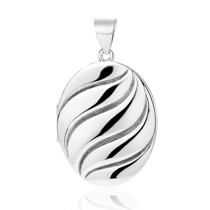 A silver locket with a swirl pattern, designed in an oval shape with a loop at the top for attachment.