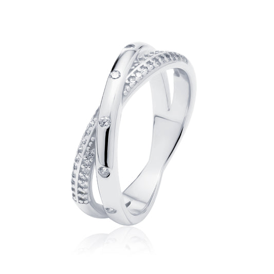 A silver ring with white zirconia stones, featuring a band with a series of small zirconia stones set in a patterned design.