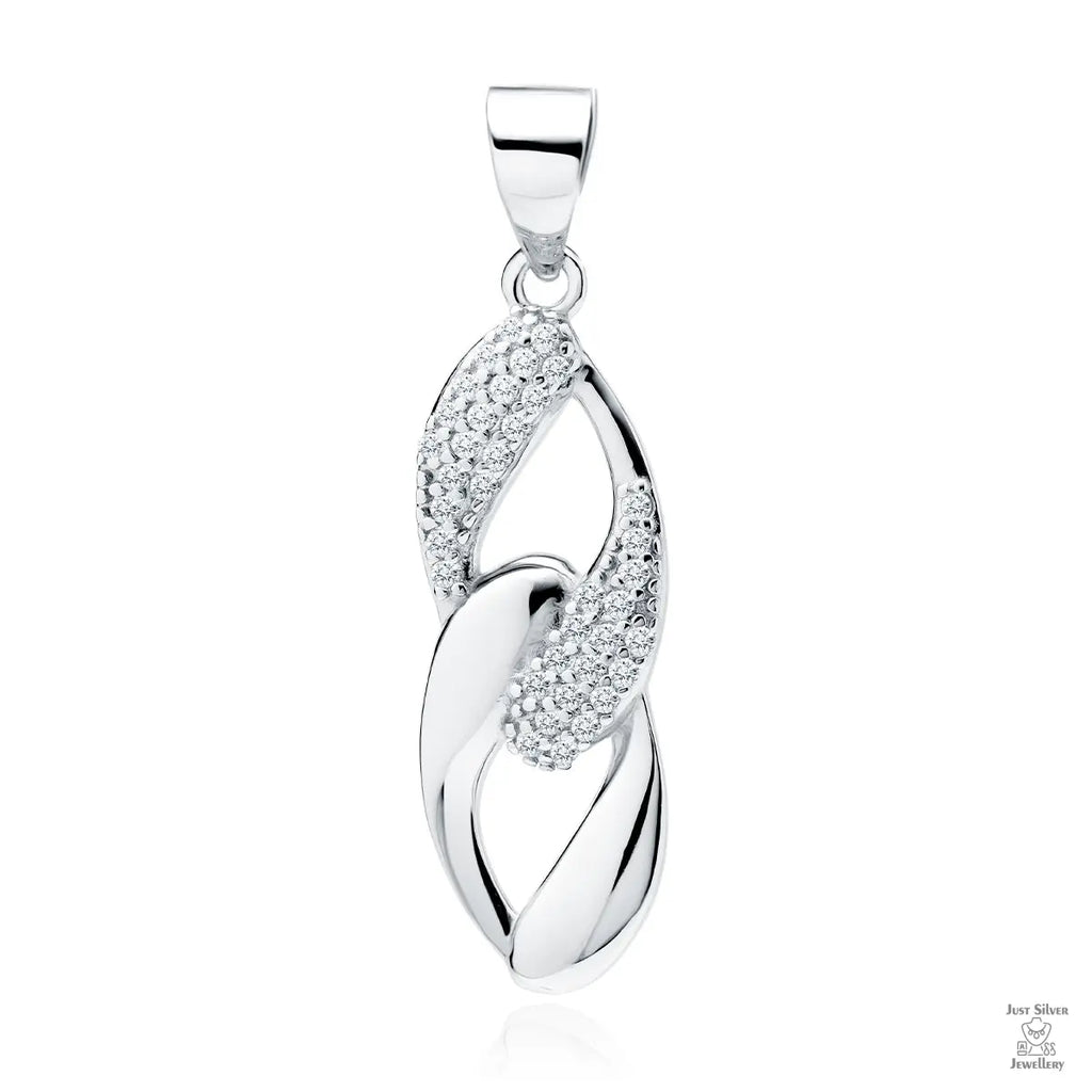 A silver pendant with two loops, one adorned with white zirconia gemstones and the other with a sleek silver design.