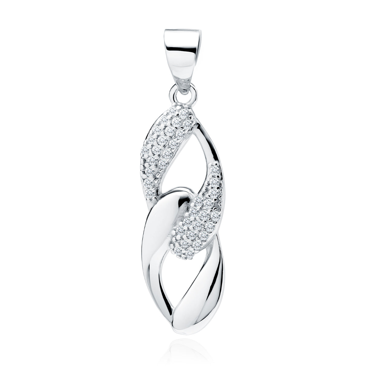 A silver pendant with two loops, one adorned with white zirconia gemstones and the other with a sleek silver design.