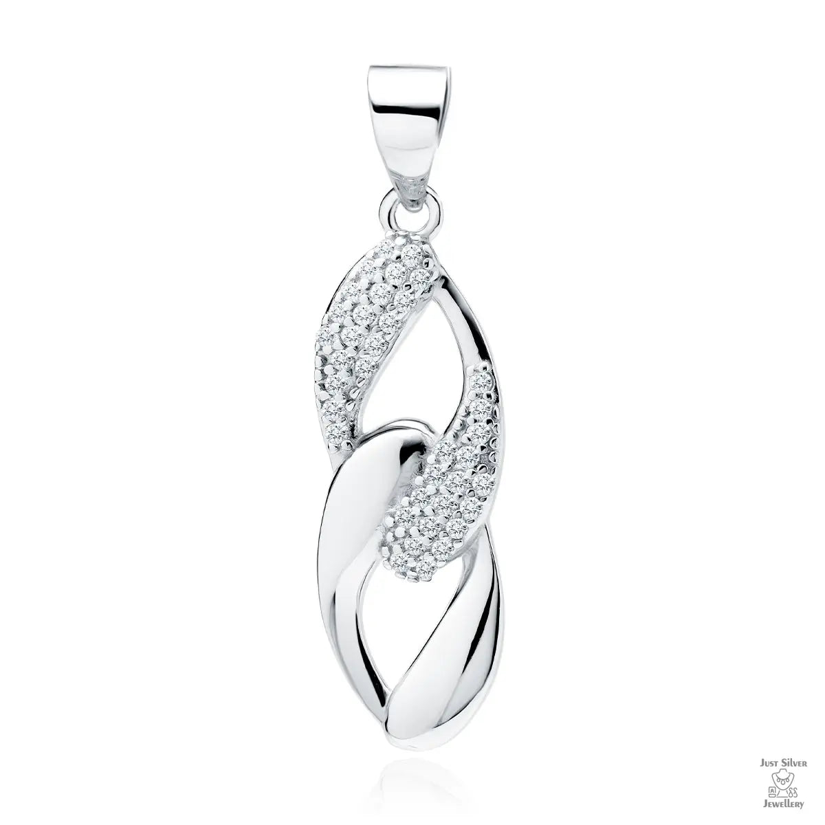 A silver pendant with two loops, one adorned with white zirconia gemstones and the other with a sleek silver design.