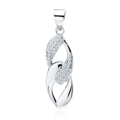 A silver pendant with two loops, one adorned with white zirconia gemstones and the other with a sleek silver design.