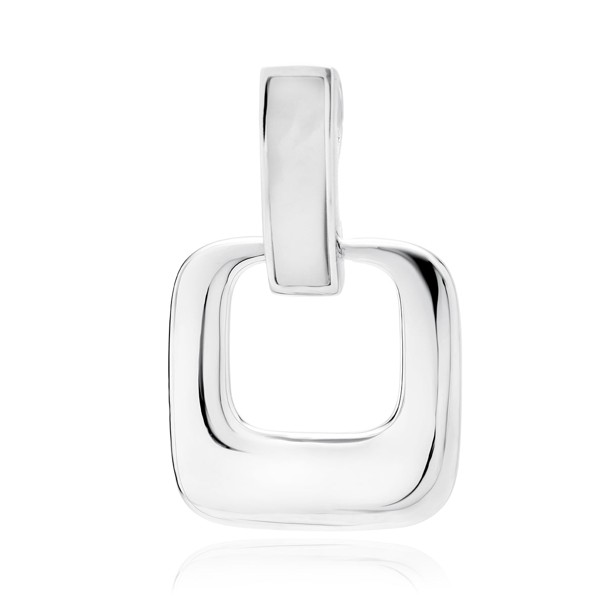 A silver loop pendant with a white nacre embellishment in the center, presented against a white background.