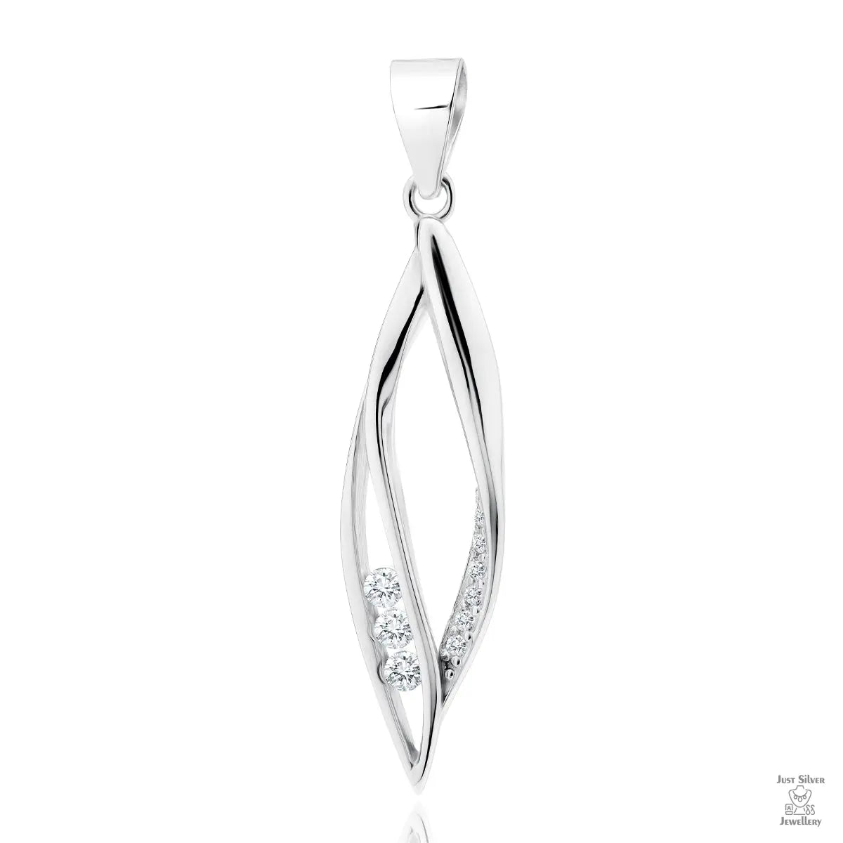 A silver pendant with a twisted design and white zirconia gemstones embedded along the twist.