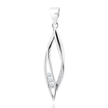 A silver pendant with a twisted design and white zirconia gemstones embedded along the twist.