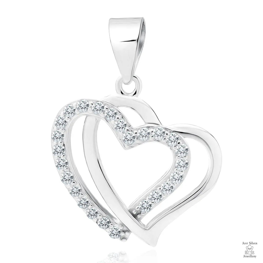 A silver pendant with a twin hearts design adorned with zirconia stones.