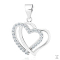 A silver pendant with a twin hearts design adorned with zirconia stones.
