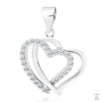 A silver pendant with a twin hearts design adorned with zirconia stones.