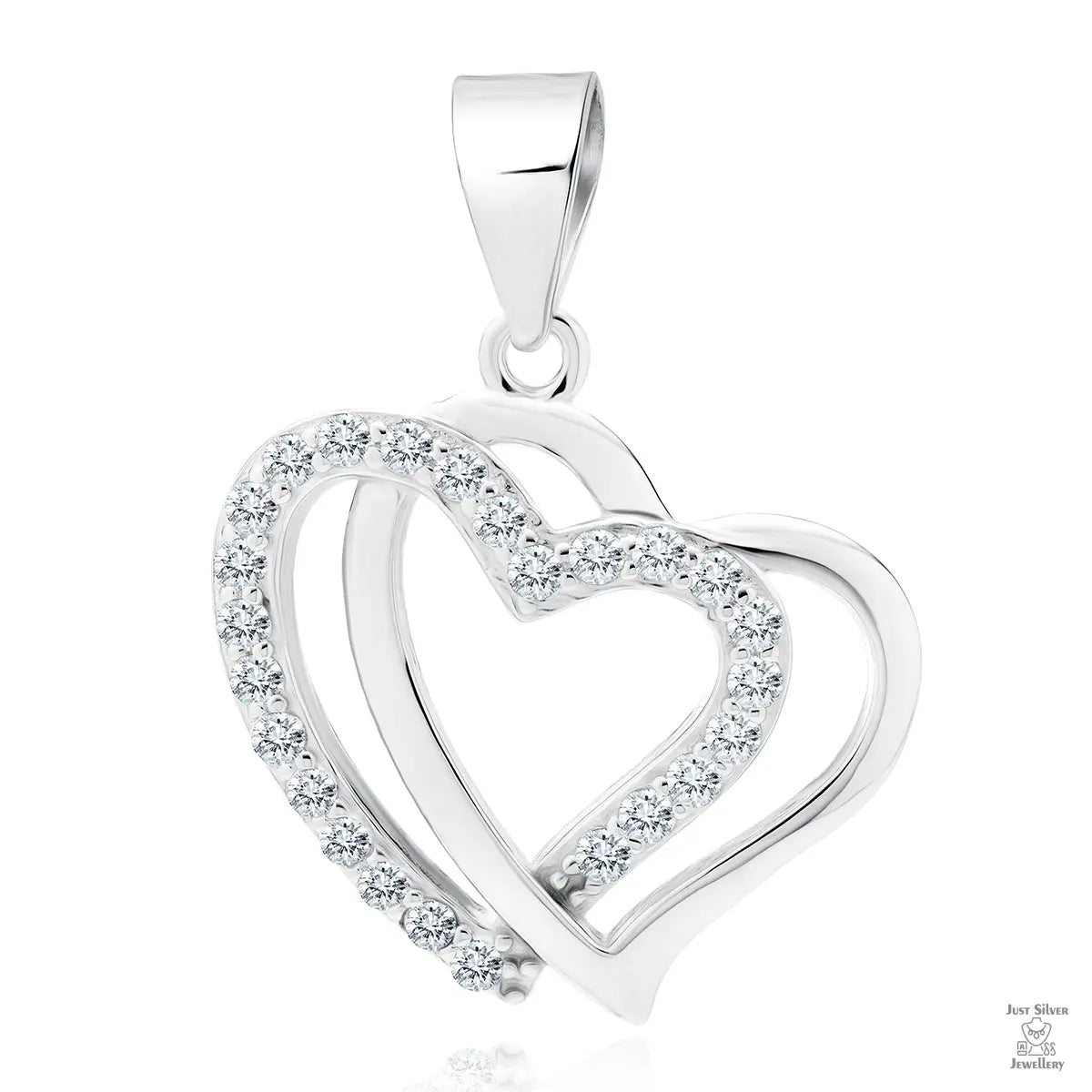 A silver pendant with a twin hearts design adorned with zirconia stones.