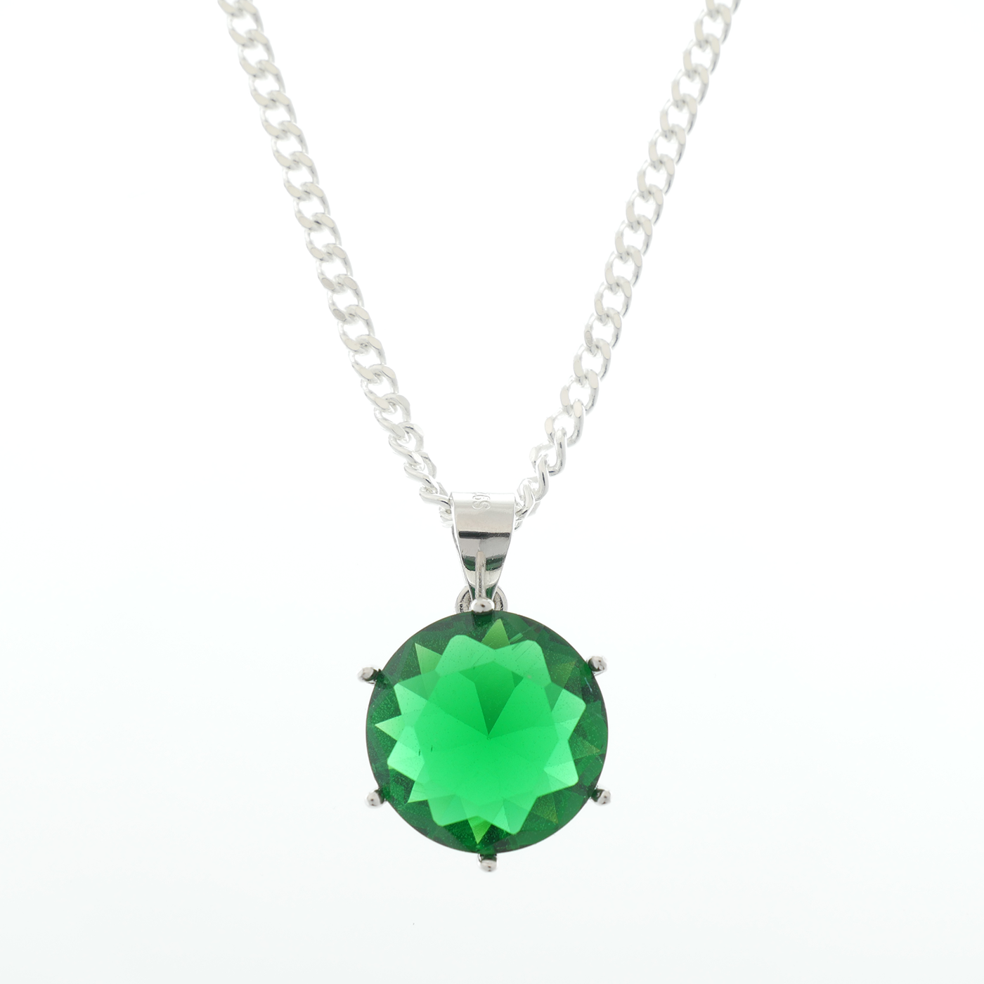 Silver single round Emerald Zirconia pendant & chain