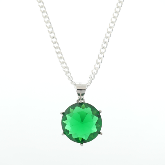 Silver single round Emerald Zirconia pendant & chain