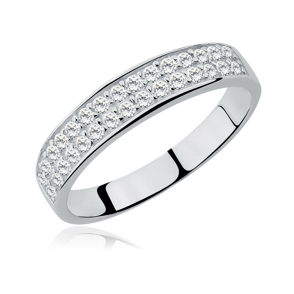 Silver ring with embedded diamonds on a white background