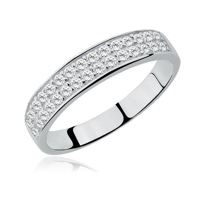 Silver ring with embedded diamonds on a white background