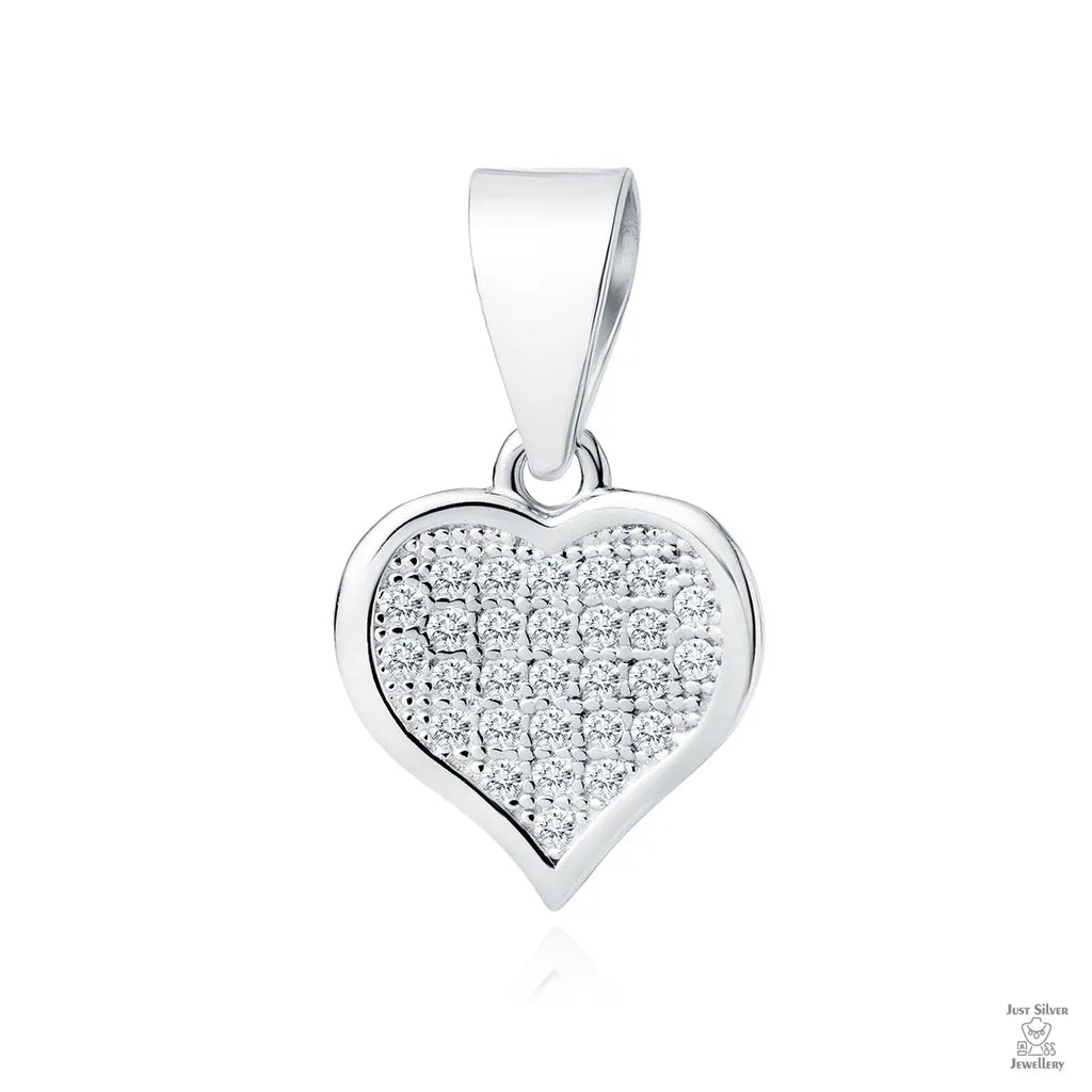 A silver pendant in the shape of a heart, adorned with white zirconia gems, suspended by a silver loop.