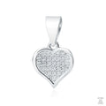 A silver pendant in the shape of a heart, adorned with white zirconia gems, suspended by a silver loop.