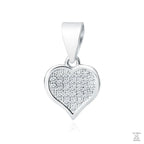 A silver pendant in the shape of a heart, adorned with white zirconia gems, suspended by a silver loop.