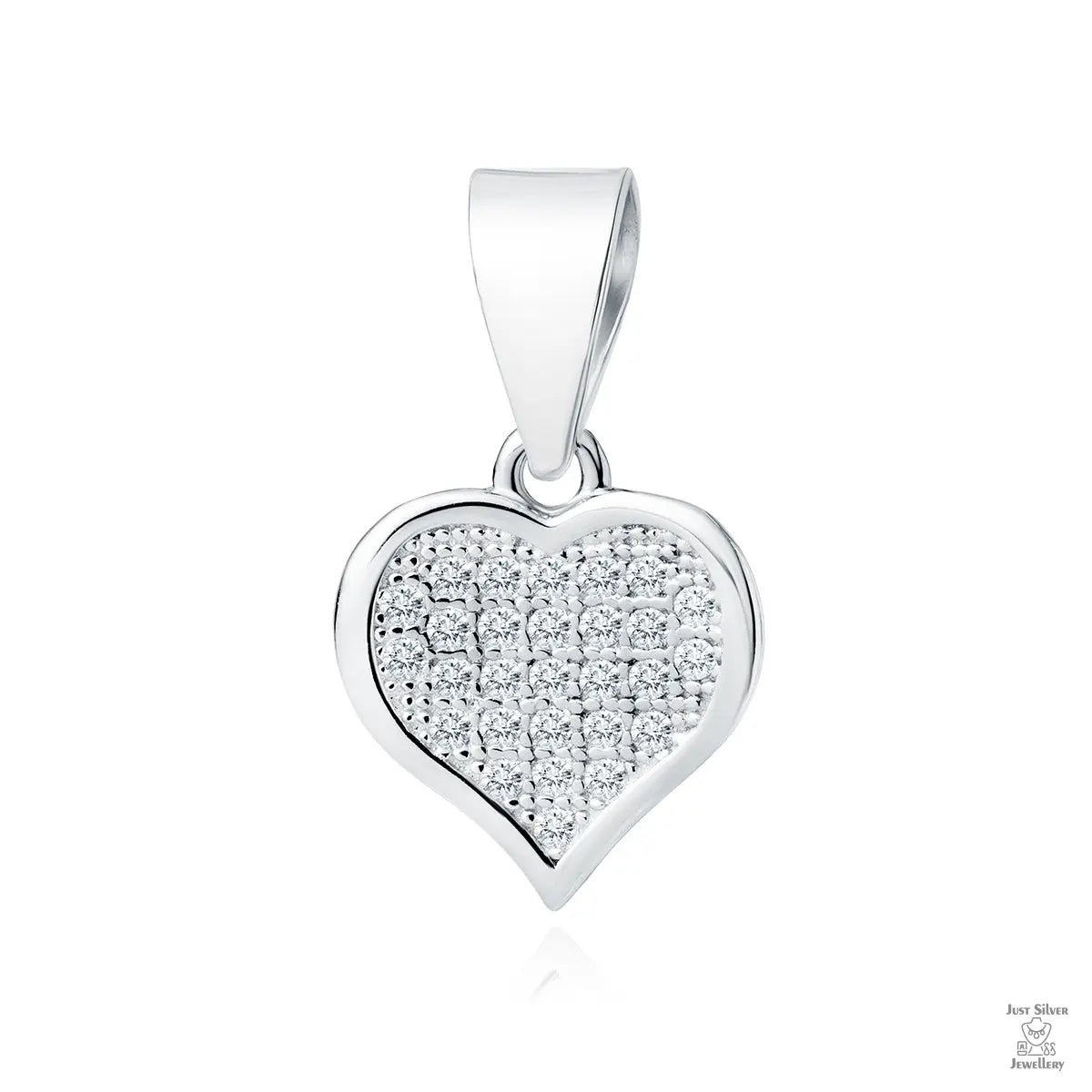 A silver pendant in the shape of a heart, adorned with white zirconia gems, suspended by a silver loop.