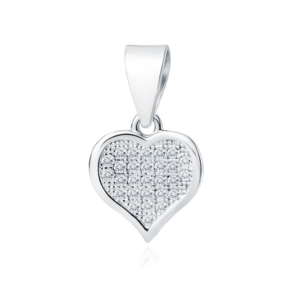 A silver pendant in the shape of a heart, adorned with white zirconia gems, suspended by a silver loop.