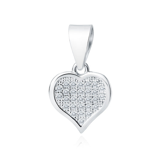 A silver pendant in the shape of a heart, adorned with white zirconia gems, suspended by a silver loop.