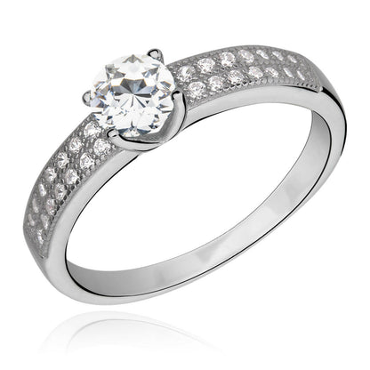Silver ring with a central diamond and smaller diamonds on the band against a white background