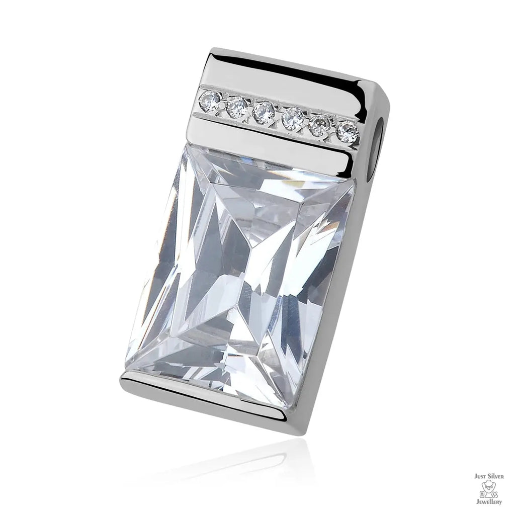A silver pendant with a large rectangular white zirconia centerpiece and smaller zirconia accents along the top edge.