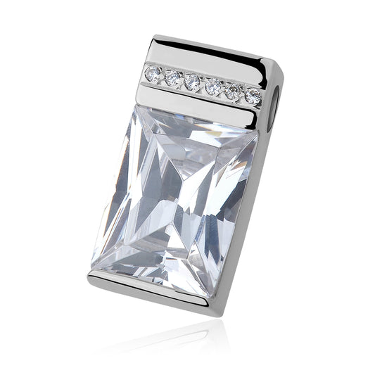 A silver pendant with a large rectangular white zirconia centerpiece and smaller zirconia accents along the top edge.