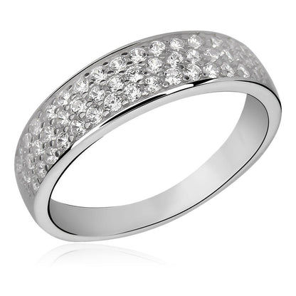 Silver ring with embedded diamonds on a white background