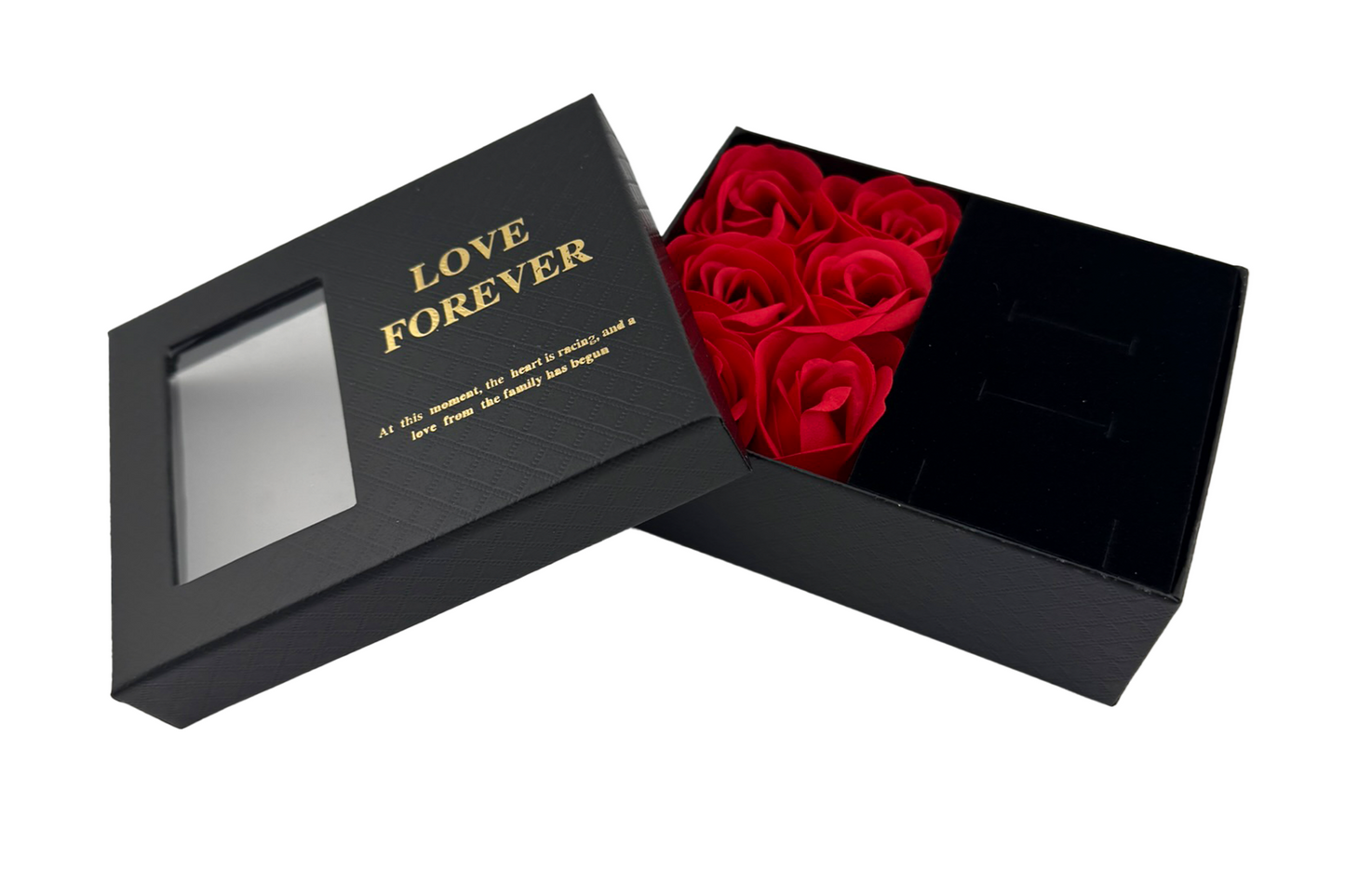 A red jewellery box with a gift arrangement of six roses, accompanied by a matching presentation bag with the text 'LOVE FOREVER' printed on it.
