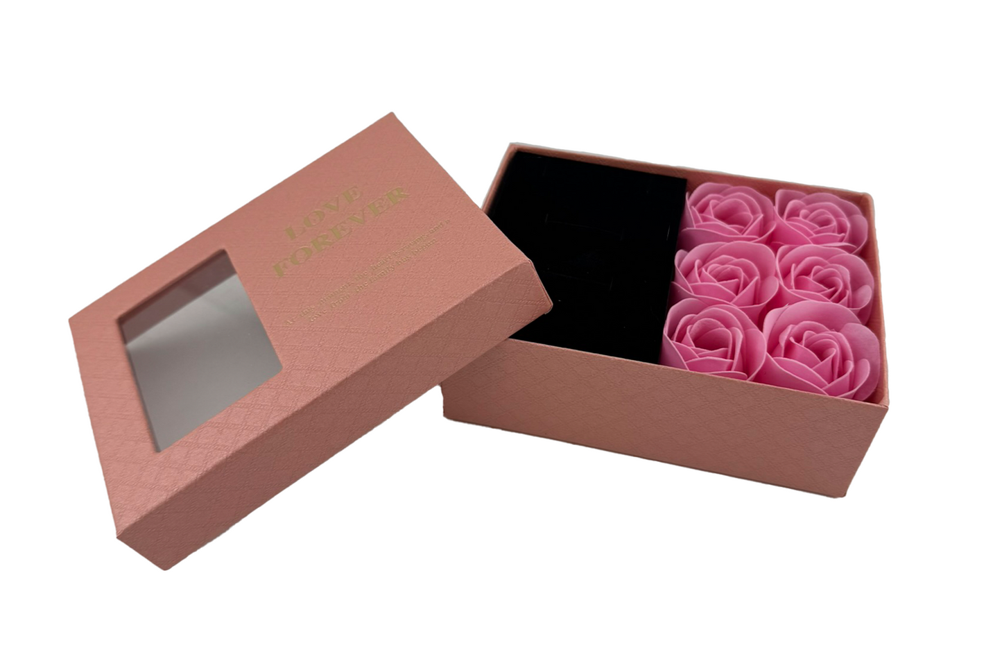 A red jewellery box with a gift arrangement of six roses, accompanied by a matching presentation bag with the text 'LOVE FOREVER' printed on it.