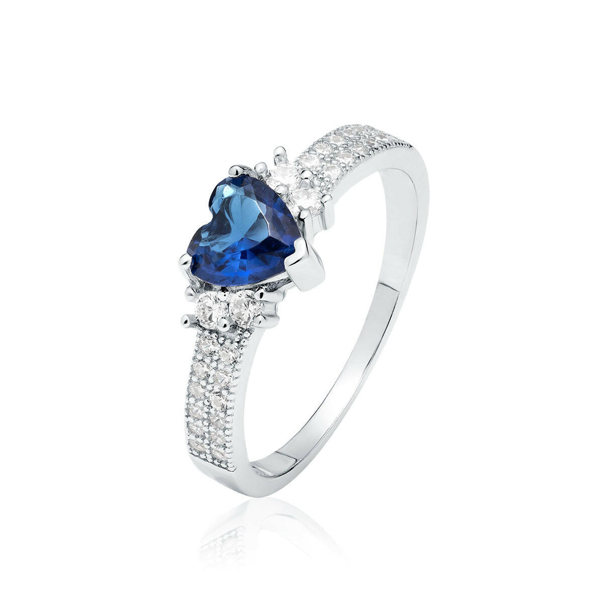 Silver ring with a blue heart-shaped gemstone on a white background