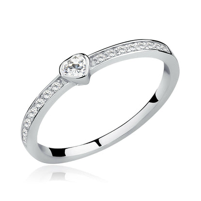 Silver ring with a heart-shaped diamond on a white background