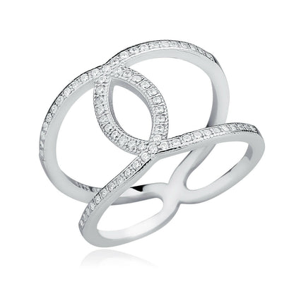 Silver ring with diamond accents on a white background