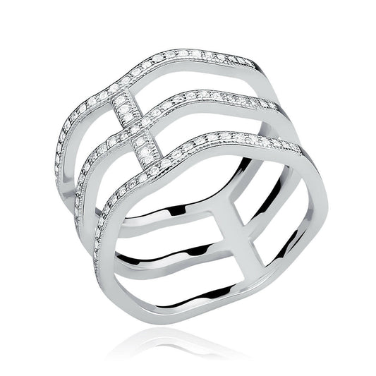 Silver ring with diamond accents on a white background