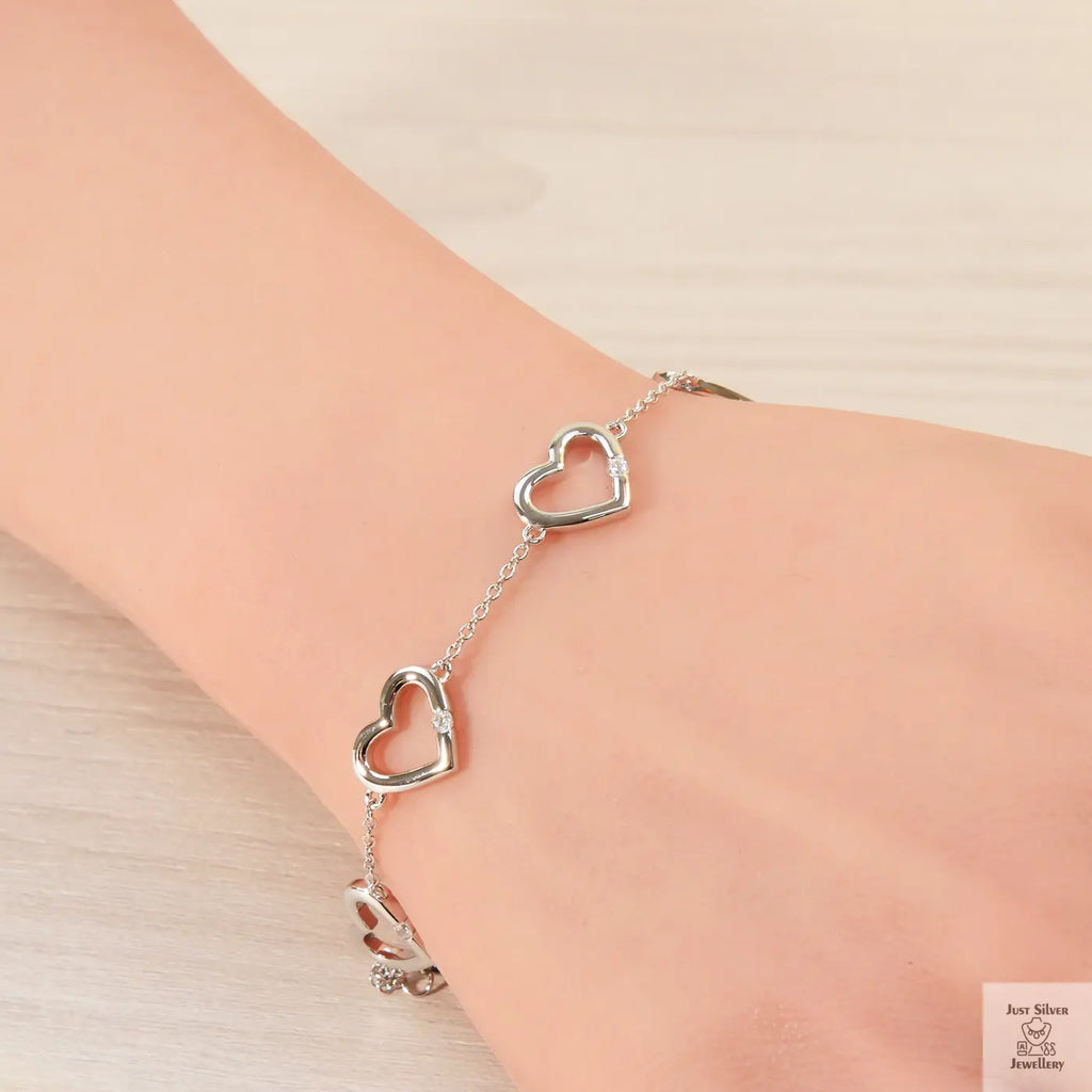 Silver 5 Hearts Cubic Zirconia Bracelet Just Silver Jewellery