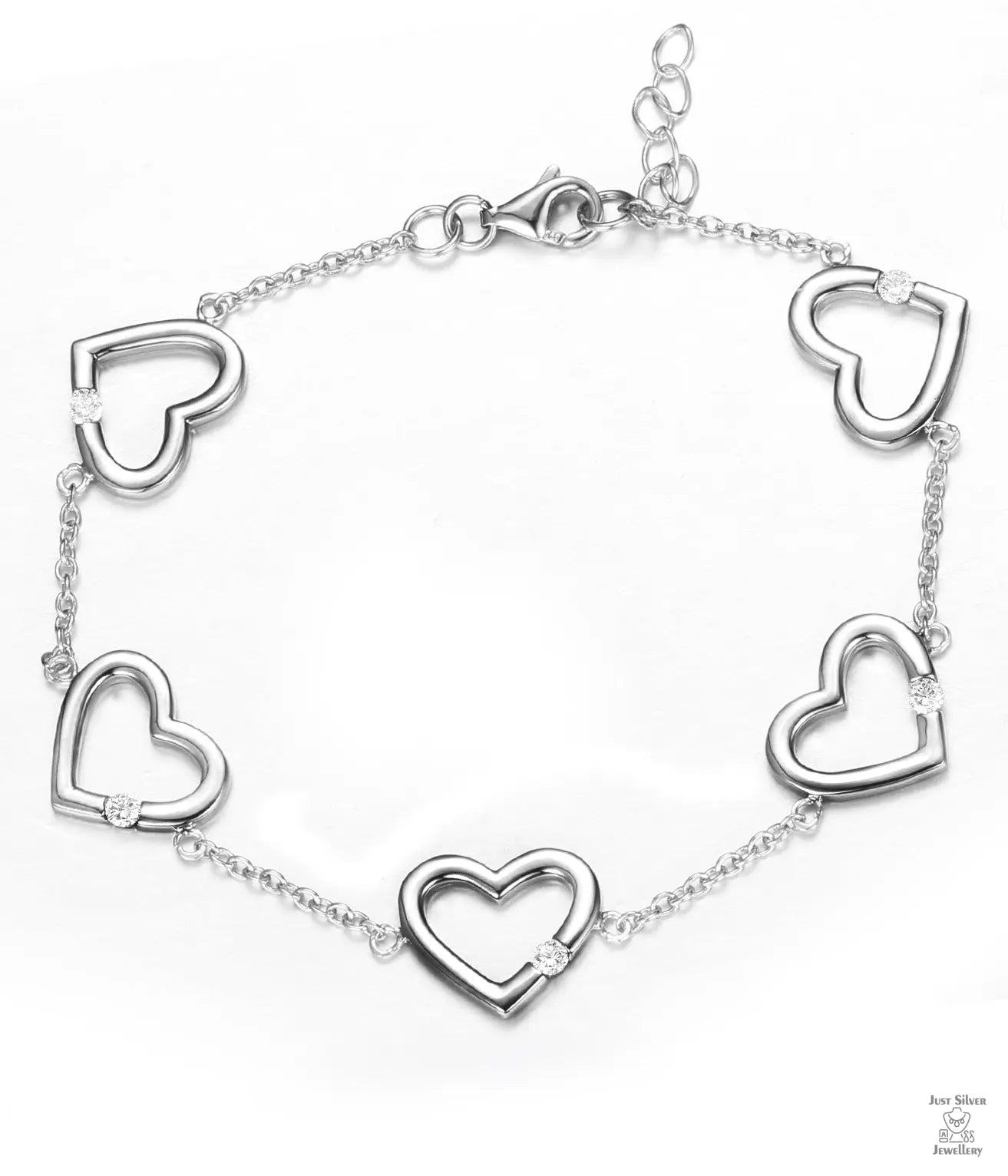 Silver 5 Hearts Natural Zircon Bracelet Just Silver Jewellery