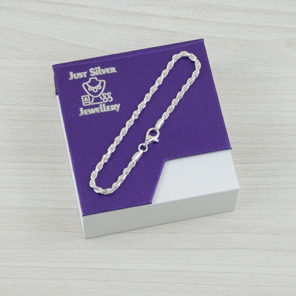 Silver rope bracelet on a purple card with 'Just Silver Jewellery' branding.