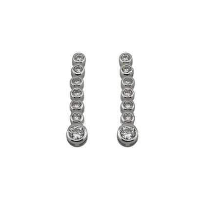 Pair of silver earrings with small stones on a white background