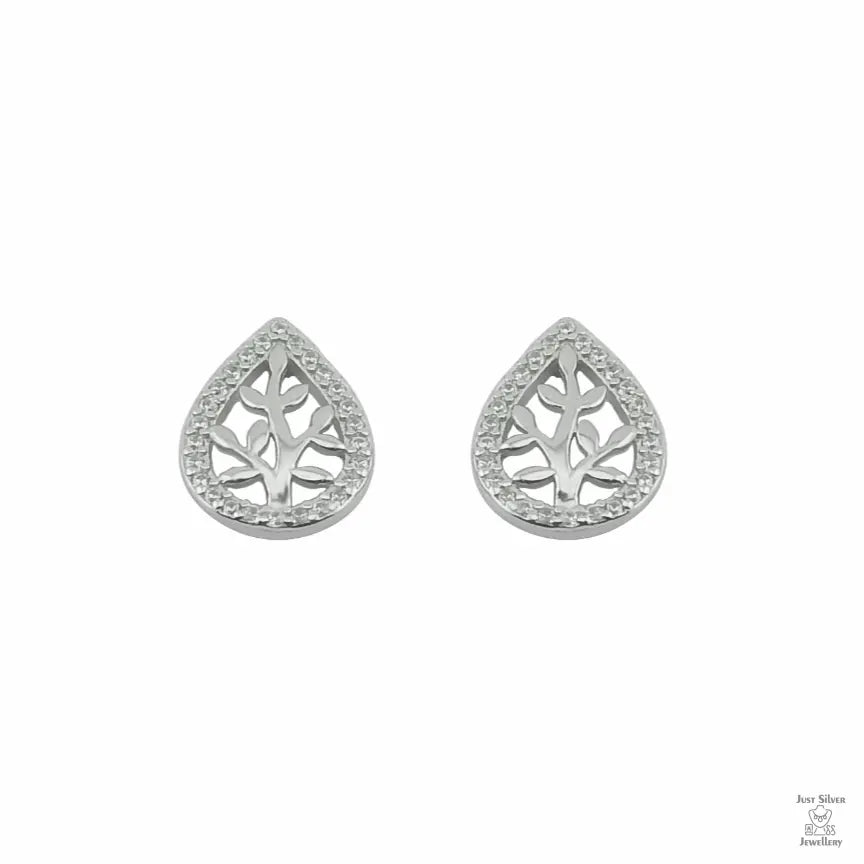 Pair of silver teardrop-shaped earrings with intricate designs on a white background