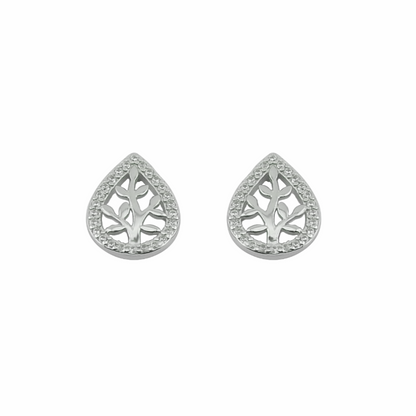 Pair of silver teardrop-shaped earrings with intricate designs on a white background