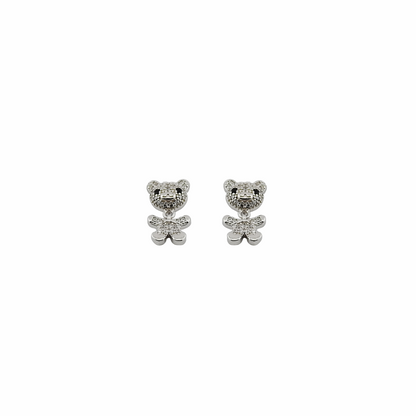 Silver teddy bear earrings on a white background