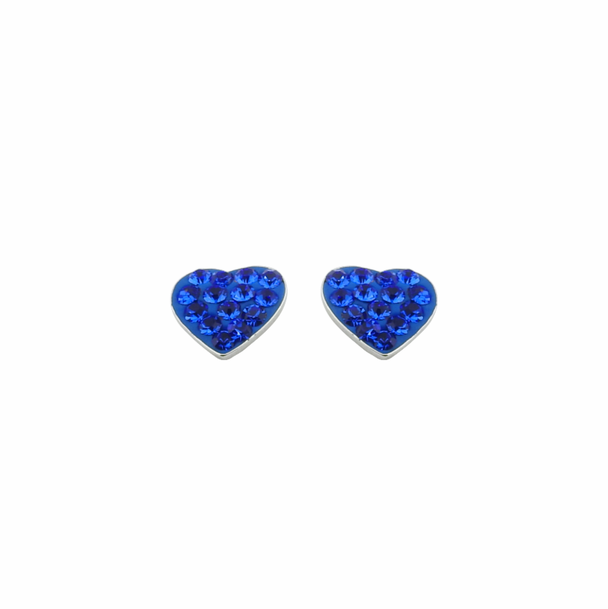 Heart-shaped earrings with blue gemstones on a white background