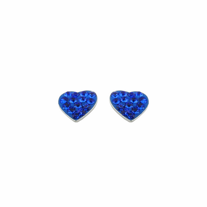 Heart-shaped earrings with blue gemstones on a white background