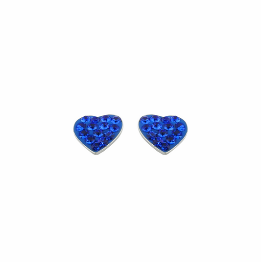 Heart-shaped earrings with blue gemstones on a white background