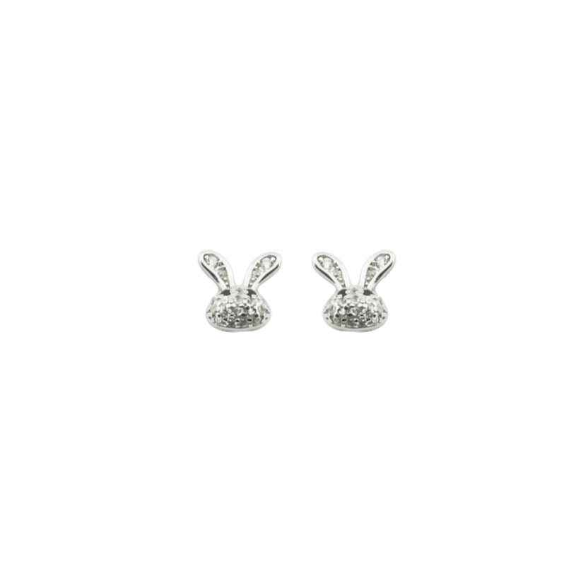 Pair of silver bunny-shaped earrings on a white background