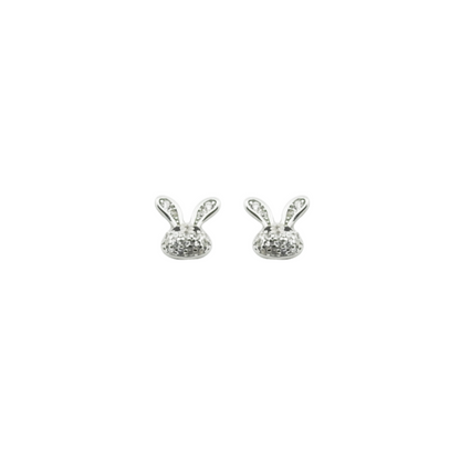 Pair of silver bunny-shaped earrings on a white background